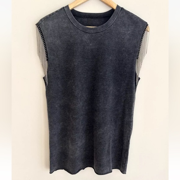 Silver Beaded Fringe Washed Black Grey Western T Shirt Tank Top NWOT Size M - Picture 8 of 9